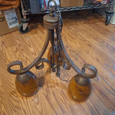 Sale Photo Thumbnail #1314: hanging light fixture- 3 lights, rubbed oin bronze and brown glass globes