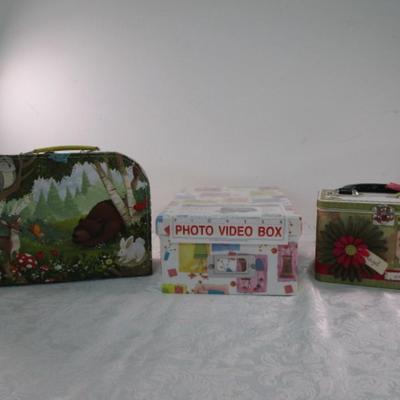 Sale Photo Thumbnail #164: Suitcase is 11-1/4" x 7-5/8" x 3-1/2" deep, Photo box 11-1/4" x 4-3/8" tall x metal box 7-1/2" wide, 7" x 4" x 5" tall