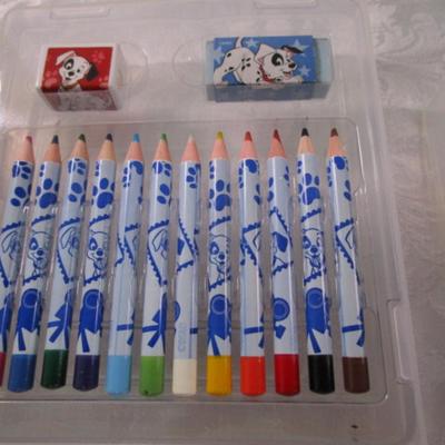 Sale Photo Thumbnail #227: Has markers, rubber stamps, note pad, colored pencils, pencil sharpener & eraser. See pictures. Missing handles to two drawers.