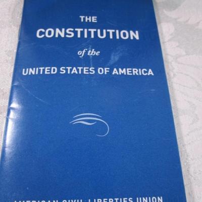 Sale Photo Thumbnail #344: 1 framed picture 15-1/2" x 13-1/2", pin cushon, metal flag, book on the constitution, picture in clear frame, 1 pamphlet on the constitution, 1 flag picture frame, 4 ornaments (liquid filled), basket