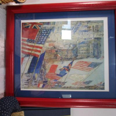 Sale Photo Thumbnail #346: 1 framed picture 15-1/2" x 13-1/2", pin cushon, metal flag, book on the constitution, picture in clear frame, 1 pamphlet on the constitution, 1 flag picture frame, 4 ornaments (liquid filled), basket