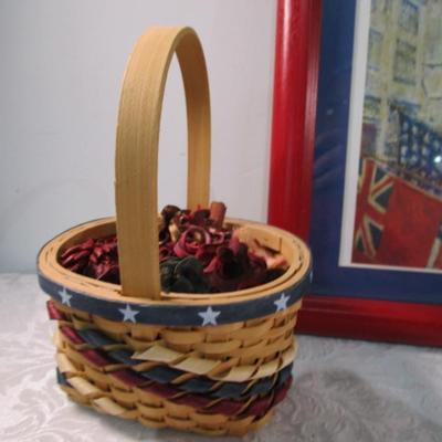 Sale Photo Thumbnail #345: 1 framed picture 15-1/2" x 13-1/2", pin cushon, metal flag, book on the constitution, picture in clear frame, 1 pamphlet on the constitution, 1 flag picture frame, 4 ornaments (liquid filled), basket
