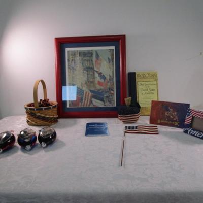 Sale Photo Thumbnail #329: 1 framed picture 15-1/2" x 13-1/2", pin cushon, metal flag, book on the constitution, picture in clear frame, 1 pamphlet on the constitution, 1 flag picture frame, 4 ornaments (liquid filled), basket
