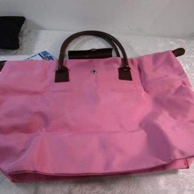 Sale Photo Thumbnail #369: Blue is briefcase type bag 16" x 12-3/4"x 3-1/4" deep; red is a waist bag 3" deep at bottom x 4-3/4" wide x 10" long; Army Strong string backpack is 13-3/4" x 18"; Pink bag  is 20" wide x 13-1/4" tall x 6-1/2" deep & folds up; Black Totes bag is 7-1/2" de