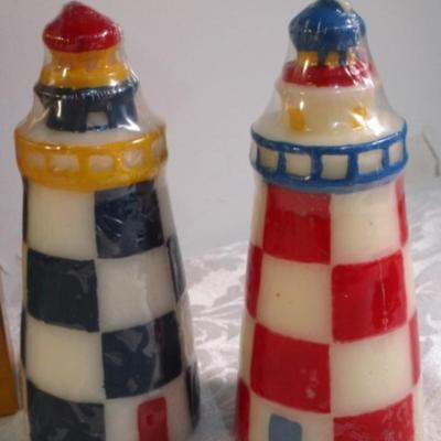 Sale Photo Thumbnail #498: 3 new Lighthouse candles, 1 decorative plate, New Turn The Tide game, wood lighthouse