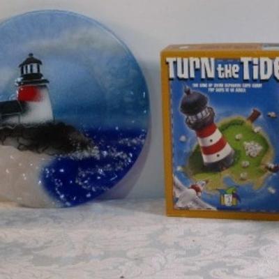 Sale Photo Thumbnail #497: 3 new Lighthouse candles, 1 decorative plate, New Turn The Tide game, wood lighthouse