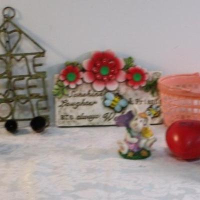 Sale Photo Thumbnail #524: Welcome plaque, Home Sweet Home chimes, rubber ducks, ceramic bunny, 2 small baskets, metal flowers in watering can, heart stress ball