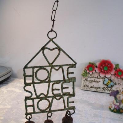 Sale Photo Thumbnail #527: Welcome plaque, Home Sweet Home chimes, rubber ducks, ceramic bunny, 2 small baskets, metal flowers in watering can, heart stress ball