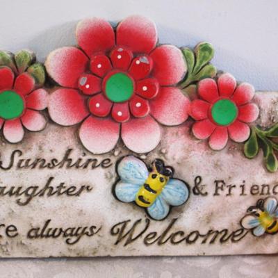 Sale Photo Thumbnail #528: Welcome plaque, Home Sweet Home chimes, rubber ducks, ceramic bunny, 2 small baskets, metal flowers in watering can, heart stress ball