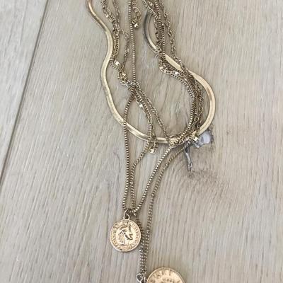 Beautiful very nice gold toned, multi layered chain faux coin , necklace