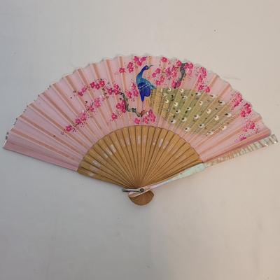 Japanese Mixed Media Paintings, Wicker Vase & Floral Fans (LR-EL)