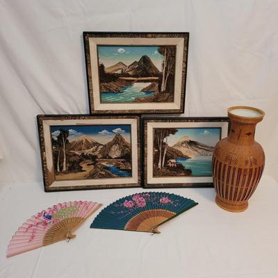 Japanese Mixed Media Paintings, Wicker Vase & Floral Fans (LR-EL)