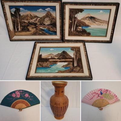 Japanese Mixed Media Paintings, Wicker Vase & Floral Fans (LR-EL)