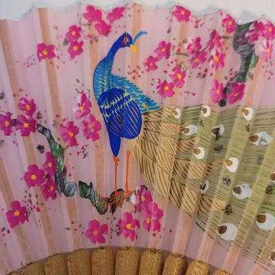 Japanese Mixed Media Paintings, Wicker Vase & Floral Fans (LR-EL)