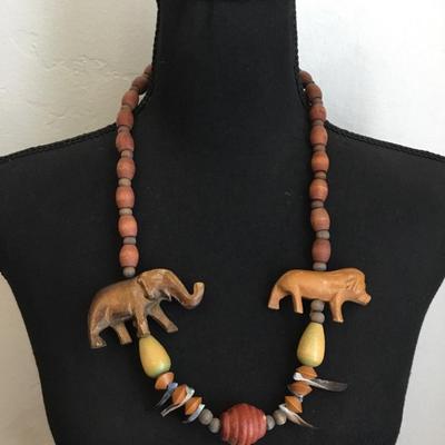 Vintage large, ethnic wooden carved elephant, lion statement, necklace