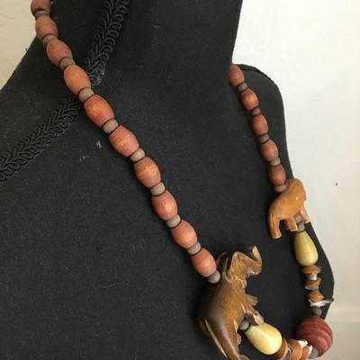 Vintage large, ethnic wooden carved elephant, lion statement, necklace