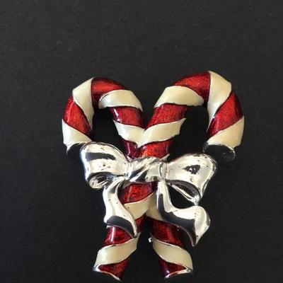 Jones, New York, collectible, candy, cane, enamel Christmas brooch