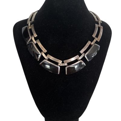 Taxco Mexico Sterling Silver Onyx Modernist Statement Necklace 157G