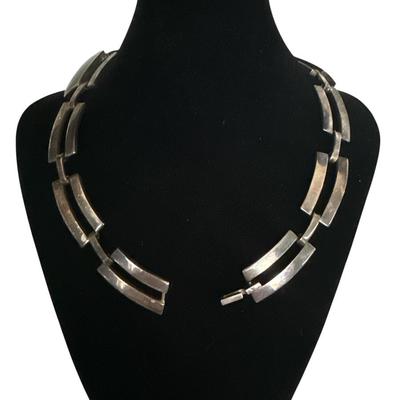 Taxco Mexico Sterling Silver Onyx Modernist Statement Necklace 157G