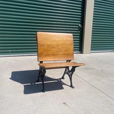 Sale Photo Thumbnail #23: Early 1900s Sears & Roebuck folding chair/desk combo with cast iron frame and solid wood seat, back, and desktop. Beautifully crafted with ornate side detailing and smooth folding seat. Great condition, clean wood surfaces and free of rust.