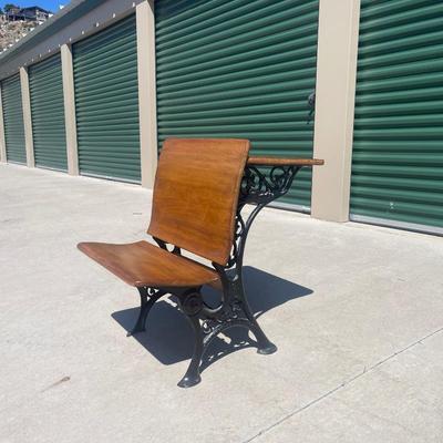 Sale Photo Thumbnail #33: Early 1900s Sears & Roebuck folding chair/desk combo with cast iron frame and solid wood seat, back, and desktop. Beautifully crafted with ornate side detailing and smooth folding seat. Great condition, clean wood surfaces and free of rust.