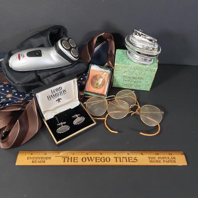 LOT 83X: Men's Vanity & Accessory Lot; Antique Glasses, NIB Table Lighter, Oviline Crystal Tie Clip & More