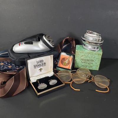 LOT 83X: Men's Vanity & Accessory Lot; Antique Glasses, NIB Table Lighter, Oviline Crystal Tie Clip & More