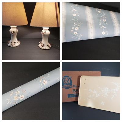 LOT 84X: Vintage Cherry Blossom Bed Tray, Pair of Floral Ceramic Table Lamps & Rolls of Vintage Floral Wallpaper