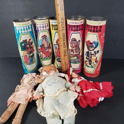 LOT 85X: Vintage HG TOYS Puzzles in a Can and Assorted Dolls