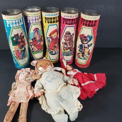 LOT 85X: Vintage HG TOYS Puzzles in a Can and Assorted Dolls