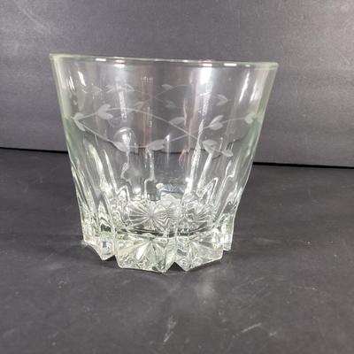 LOT 91D: Large Diamond Thumbprint Compote, Etched Ice Bucket & Glass Tableware Assortment