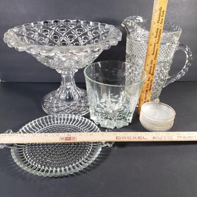LOT 91D: Large Diamond Thumbprint Compote, Etched Ice Bucket & Glass Tableware Assortment