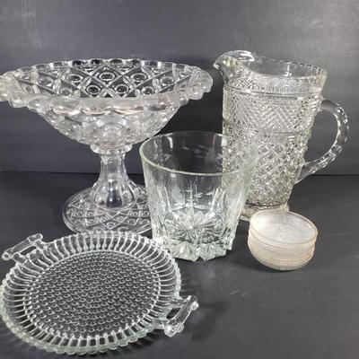 LOT 91D: Large Diamond Thumbprint Compote, Etched Ice Bucket & Glass Tableware Assortment