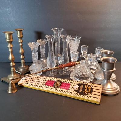 LOT 92D: Various Candlesticks & Accessories with Glass Bud Vase