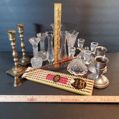 LOT 92D: Various Candlesticks & Accessories with Glass Bud Vase
