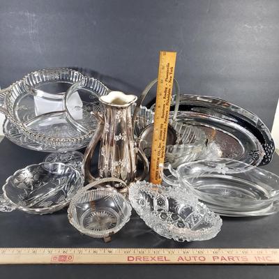 LOT 94D: Vintage Tableware Assortment; Silver Overlay, Ceramic Platinum Rose Vase & So Much More