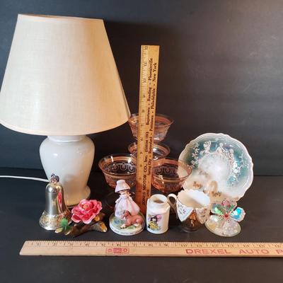 LOT 95X: Decorative Tabletop Assortment; German Porcelain incl. Nappy Dish, Gold Rimmed Pink Glass & More