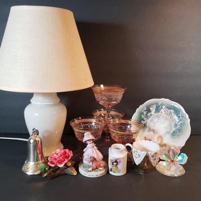 LOT 95X: Decorative Tabletop Assortment; German Porcelain incl. Nappy Dish, Gold Rimmed Pink Glass & More