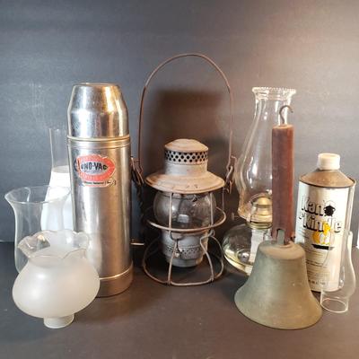 LOT 96D: Pennsylvania Railroad Kerosene Lamp, Stainless Steel Vintage Thermos & Lamp Accessories