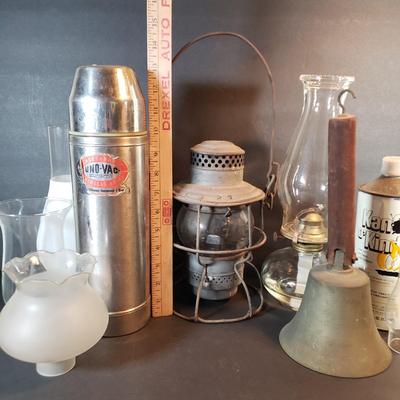 LOT 96D: Pennsylvania Railroad Kerosene Lamp, Stainless Steel Vintage Thermos & Lamp Accessories
