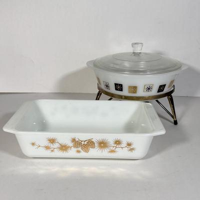 LOT 106D: 1960s MCM Inland Glass Around the Clock Atomic Snowflake Casserole Dish w/ Collection of Pyrex & More: Gold Pinecone...