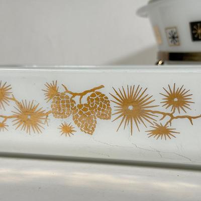 LOT 106D: 1960s MCM Inland Glass Around the Clock Atomic Snowflake Casserole Dish w/ Collection of Pyrex & More: Gold Pinecone...