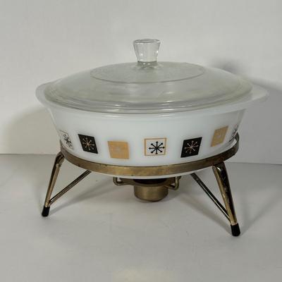 LOT 106D: 1960s MCM Inland Glass Around the Clock Atomic Snowflake Casserole Dish w/ Collection of Pyrex & More: Gold Pinecone...