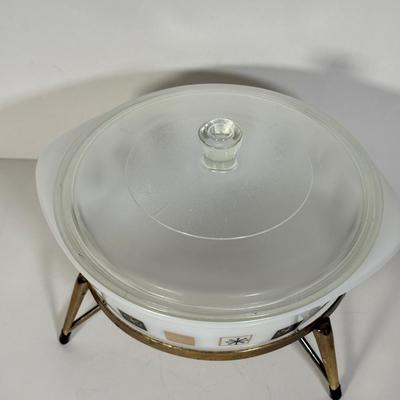 LOT 106D: 1960s MCM Inland Glass Around the Clock Atomic Snowflake Casserole Dish w/ Collection of Pyrex & More: Gold Pinecone...