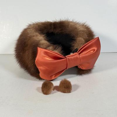 LOT 112D: Gorgeous Vintage Mink Fur Hat w/ Bow & Matching Screwback Earrings