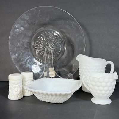 LOT 114K: Floral Glass Platter & Vintage Milk Glass Collection