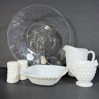 LOT 114K: Floral Glass Platter & Vintage Milk Glass Collection