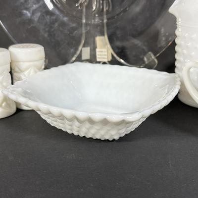 LOT 114K: Floral Glass Platter & Vintage Milk Glass Collection