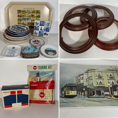 LOT 116D: Collection of Souvenir Plates, Wooden Plate Frames, Tasco Binoculars in Box & Vintage 1960s "Touring Kit"