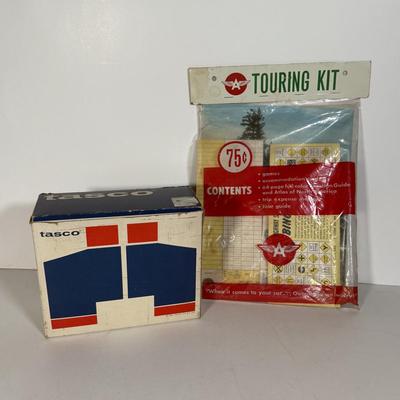 LOT 116D: Collection of Souvenir Plates, Wooden Plate Frames, Tasco Binoculars in Box & Vintage 1960s "Touring Kit"